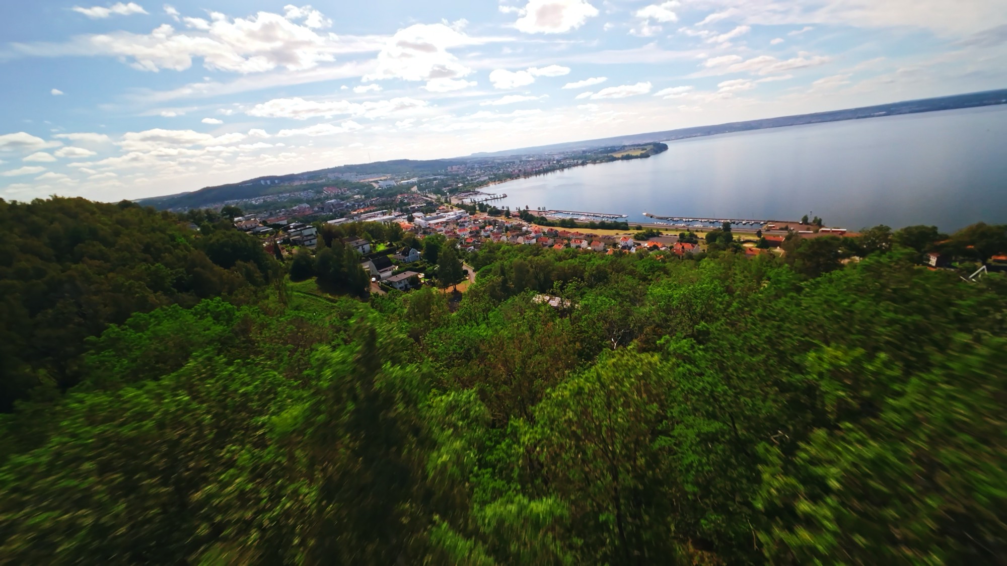 Flygbild över skog och sjö — stillbild ur en film av Bäck Film